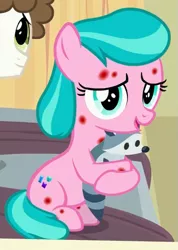 Size: 387x545 | Tagged: safe, derpibooru import, screencap, aquamarine, pony, a flurry of emotions, cute, happy, horsey hives, sick, toy