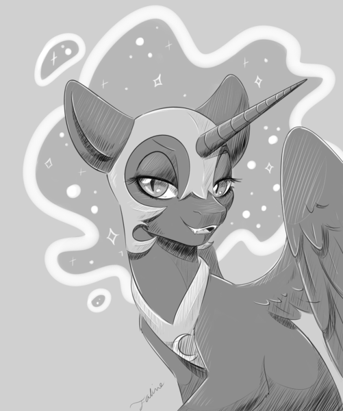 Size: 3762x4502 | Tagged: safe, artist:faline-art, derpibooru import, nightmare moon, alicorn, pony, female, grayscale, lidded eyes, mare, monochrome, smiling, solo