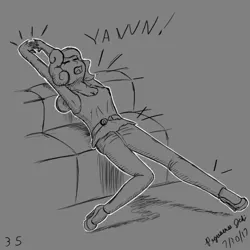 Size: 2000x2000 | Tagged: safe, artist:floofyfoxcomics, derpibooru import, oc, oc:autumn science, unofficial characters only, human, armpits, clothes, eyes closed, female, high heels, high res, humanized, monochrome, shoes, sketch, solo, stretching, yawn