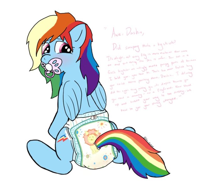 Size: 953x838 | Tagged: questionable, artist:oliver-england, derpibooru import, rainbow dash, pony, diaper, diaper fetish, fetish, implied fluttershy, messy diaper, pacifier, story included