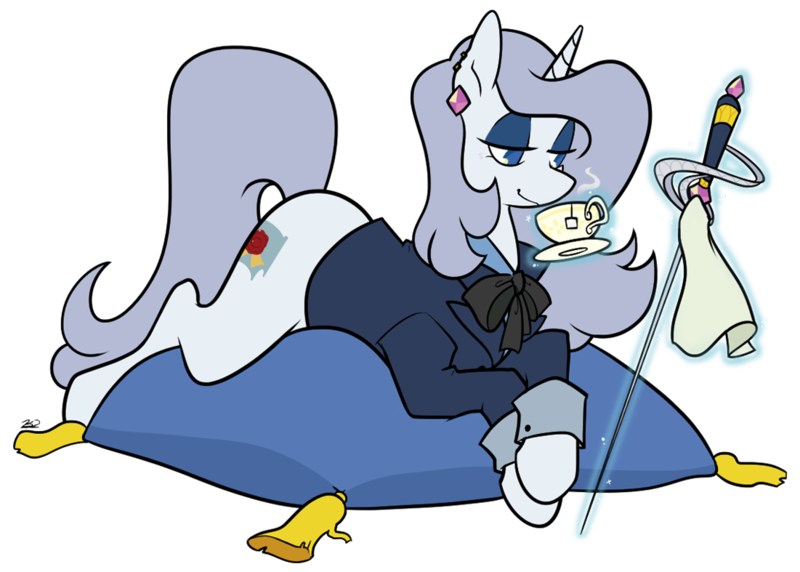 Size: 1101x787 | Tagged: safe, artist:egophiliac, derpibooru import, oc, oc:platinum decree, unofficial characters only, pony, unicorn, cleaning, clothes, ear piercing, earring, elegant, female, food, jewelry, levitation, lidded eyes, lying down, magic, mare, piercing, pillow, rapier, ribbon, simple background, solo, suit, sword, tea, telekinesis, transparent background, weapon