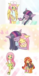 Size: 1074x2067 | Tagged: safe, artist:howxu, derpibooru import, fluttershy, sunset shimmer, twilight sparkle, anthro, equestria girls, age regression, blushing, chibi, clothes, colored pupils, comic, cute, equestria girls outfit, female, flutternurse, howxu is trying to murder us, hug, human female, lesbian, nurse outfit, scarf, shipping, shyabetes, skirt, tanktop, twishy, younger