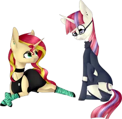 Size: 1682x1641 | Tagged: safe, artist:sychia, derpibooru import, moondancer, sunset shimmer, pony, unicorn, black socks, choker, clothes, dress, duo, duo female, ear piercing, earring, eyeshadow, female, glasses, goth, jewelry, makeup, mare, necklace, piercing, simple background, skull, socks, striped socks, sweater, transparent background