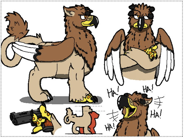 Size: 639x479 | Tagged: safe, artist:daisuler1994, derpibooru import, oc, oc:german the griffon, unofficial characters only, gryphon, buff, comic workshop, crossed arms, gun, laughing, muscles, reference sheet, weapon