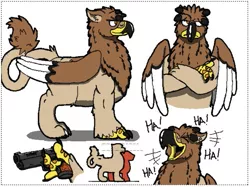 Size: 639x479 | Tagged: safe, artist:daisuler1994, derpibooru import, oc, oc:german the griffon, unofficial characters only, gryphon, buff, comic workshop, crossed arms, gun, laughing, muscles, reference sheet, weapon