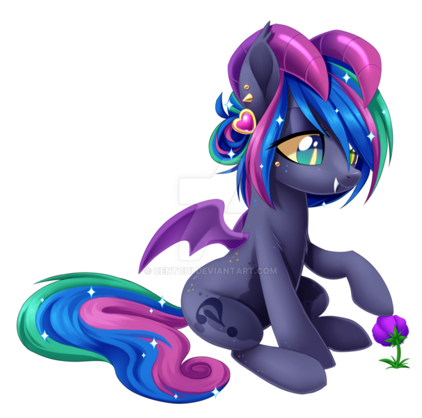 Size: 1024x1014 | Tagged: safe, artist:centchi, derpibooru import, oc, oc:madeline, unofficial characters only, bat pony, pony, bat pony oc, female, flower, ram horns, simple background, sitting, solo, transparent background, watermark