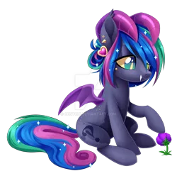Size: 1024x1014 | Tagged: safe, artist:centchi, derpibooru import, oc, oc:madeline, unofficial characters only, bat pony, pony, bat pony oc, female, flower, ram horns, simple background, sitting, solo, transparent background, watermark