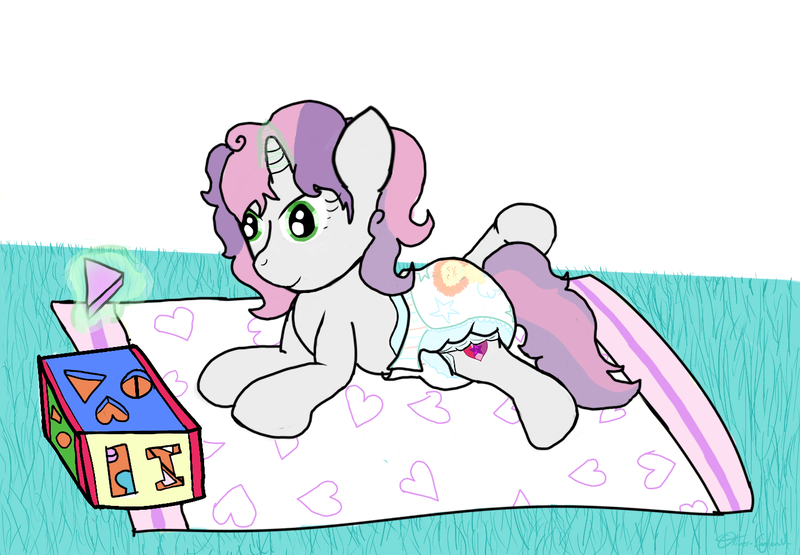 Size: 1450x1006 | Tagged: questionable, artist:oliver-england, derpibooru import, sweetie belle, pony, blanket, diaper, diaper fetish, fetish, lying down, magic, toy