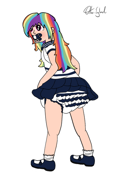 Size: 923x1434 | Tagged: abdl, artist:oliver-england, breasts, delicious flat chest, derpibooru import, diaper, diaper fetish, female, fetish, frilly diaper, human, human female, humanized, pacifier, questionable, rainbow dash, sailor uniform, solo, solo female