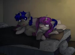 Size: 2691x1996 | Tagged: safe, artist:marsminer, derpibooru import, oc, oc:sleepy head, oc:wicked silly, unofficial characters only, pony, female, male, oc x oc, shipping, snuggling, straight, wickedsleepy