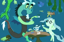 Size: 3252x2132 | Tagged: safe, artist:sb1991, derpibooru import, discord, fluttershy, catfish, fish, mermaid, pony, cheese, crackers, creature from the black lagoon, cup, food, quality, story included, table, tablecloth, tea, tea party, teacup, teapot, underwater