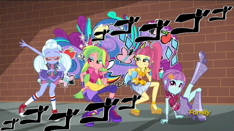 Size: 1024x576 | Tagged: safe, derpibooru import, edit, edited screencap, screencap, lemon zest, sour sweet, sugarcoat, sunny flare, dance magic, equestria girls, spoiler:eqg specials, brick wall, converse, jojo's bizarre adventure, shoes, torture dance