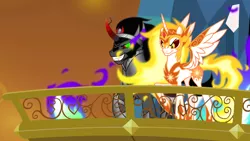 Size: 1280x720 | Tagged: safe, artist:3d4d, derpibooru import, edit, edited screencap, screencap, daybreaker, king sombra, alicorn, pony, unicorn, a royal problem, the crystal empire, alternate universe, bad end, balcony, celestibra, duo, female, fire, male, mare, shipping, stallion, straight, xk-class end-of-the-world scenario