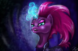 Size: 1280x830 | Tagged: safe, artist:zomixnu, derpibooru import, tempest shadow, pony, unicorn, my little pony: the movie, armor, broken horn, eye scar, female, horn, mare, scar, signature, solo, sparking horn