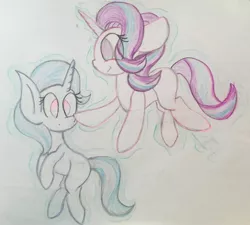 Size: 2846x2567 | Tagged: safe, artist:beaniesribblesalot, derpibooru import, starlight glimmer, trixie, pony, boop, female, lesbian, levitation, magic, missing cutie mark, shipping, startrix, telekinesis, traditional art