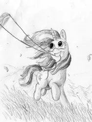 Size: 683x910 | Tagged: safe, artist:t72b, derpibooru import, starlight glimmer, pony, happy, kite, monochrome, running, smiling, solo, that pony sure does love kites, traditional art, windswept mane