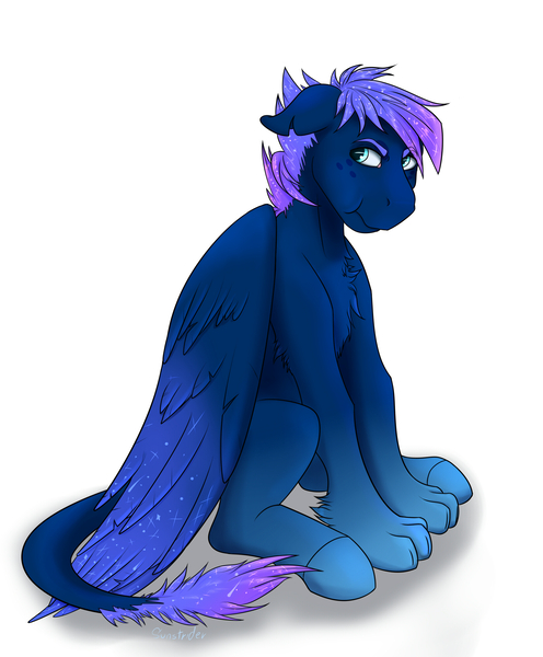 Size: 2141x2591 | Tagged: safe, artist:sunstriderart, derpibooru import, oc, oc:search party, unofficial characters only, pegasus, pony, chest fluff, floppy ears, hooves, paws, simple background, solo, white background, wings