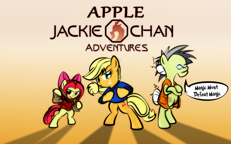 Size: 1440x900 | Tagged: safe, artist:dan232323, derpibooru import, apple bloom, applejack, granny smith, pony, bipedal, crossover, jackie chan, jackie chan adventures