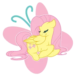 Size: 800x800 | Tagged: safe, artist:anzicorn, derpibooru import, fluttershy, pegasus, pony, cute, cutie mark background, eyes closed, folded wings, head turn, prone, shyabetes, simple background, smiling, solo, transparent background
