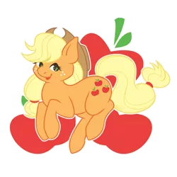 Size: 800x800 | Tagged: safe, artist:anzicorn, derpibooru import, applejack, earth pony, pony, apple, cutie mark background, food, simple background, smiling, solo, transparent background