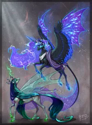 Size: 1239x1683 | Tagged: safe, artist:begasus, derpibooru import, nightmare moon, queen chrysalis, alicorn, changeling, changeling queen, pony, bat wings, chrysmoon, cloven hooves, ethereal mane, female, flying, glowing eyes, glowing hooves, glowing horn, hybrid wings, leonine tail, lesbian, long tail, looking up, mare, realistic horse legs, shipping, smiling, spread wings, starry mane, starry wings, swirly markings, wing claws, wings