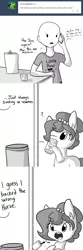 Size: 1650x4950 | Tagged: safe, artist:tjpones, derpibooru import, oc, oc:brownie bun, oc:richard, unofficial characters only, earth pony, human, pony, horse wife, ask, comic, dialogue, drink, drinking, ear fluff, grayscale, hoof hold, misunderstanding, monochrome, oatacola, offscreen character, phone, phone call, question mark, simple background, soda can, speech bubble, trash can, tumblr, white background