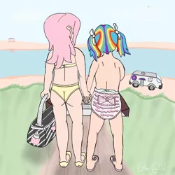 Size: 894x894 | Tagged: suggestive, artist:oliver-england, derpibooru import, fluttershy, rainbow dash, human, clothes, diaper, diaper fetish, female, fetish, flutterdash, humanized, lesbian, partial nudity, shipping, story included, swimsuit, topless