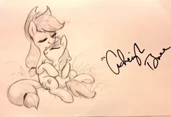 Size: 1024x702 | Tagged: safe, artist:imalou, derpibooru import, apple bloom, applejack, earth pony, pony, adorabloom, ashleigh ball, cute, duo, eyes closed, female, filly, hug, mare, monochrome, neck nuzzle, nuzzling, pencil drawing, signature, sisters, sketch, traditional art