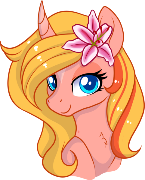 Size: 1033x1286 | Tagged: safe, artist:xwhitedreamsx, derpibooru import, oc, oc:dreamy sweet, unofficial characters only, pony, unicorn, bust, female, flower, flower in hair, looking at you, mare, simple background, smiling, solo, transparent background