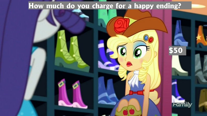 Size: 1383x778 | Tagged: suggestive, derpibooru import, edit, edited screencap, screencap, applejack, rarity, eqg summertime shorts, equestria girls, make up shake up, applejewel, boots, fall formal outfits, female, implied prostitution, lesbian, lipstick, parody, rarijack, shipping, shoes