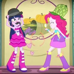 Size: 639x635 | Tagged: safe, derpibooru import, screencap, pinkie pie, twilight sparkle, a photo booth story, eqg summertime shorts, equestria girls, mmmystery on the friendship express, deerstalker, duo, female, hat, magnifying glass