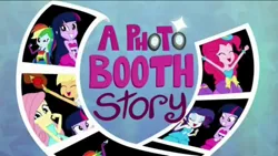 Size: 1136x640 | Tagged: safe, derpibooru import, screencap, applejack, fluttershy, pinkie pie, rainbow dash, rarity, twilight sparkle, a photo booth story, eqg summertime shorts, equestria girls, fall formal outfits, humane five, humane six, title card