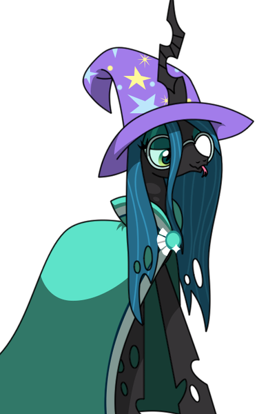 Size: 448x720 | Tagged: safe, artist:rosemile mulberry, derpibooru import, queen chrysalis, changeling, changeling queen, cape, clothes, glasses, hat, kathleen barr, nerd, simple background, smiling, solo, tongue out, trixie's hat, voice actor joke, white background