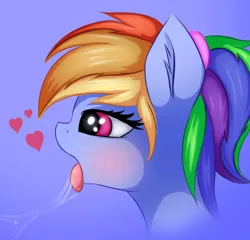 Size: 1250x1200 | Tagged: suggestive, artist:twiren, derpibooru import, edit, rainbow dash, pony, alternate hairstyle, bedroom eyes, blushing, cropped, drool, drool string, explicit source, female, heart, solo, solo female, tongue out