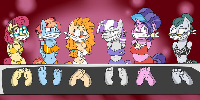 Size: 1024x512 | Tagged: questionable, artist:gagpal3, derpibooru import, cloudy quartz, cookie crumbles, pear butter, posey shy, twilight velvet, windy whistles, anthro, earth pony, pegasus, plantigrade anthro, unicorn, the perfect pear, arm behind back, barefoot, belly button, blushing, bondage, breasts, cloth gag, clothes, feet, female, females only, fetish, foot fetish, gag, group, imminent tickles, line-up, milf, milf six, mom six, mother, sitting, soles, stocks, swimsuit, tape bondage, this will end in tickles, toes