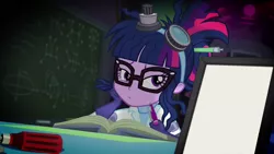 Size: 1920x1080 | Tagged: safe, derpibooru import, edit, edited screencap, screencap, sci-twi, twilight sparkle, eqg summertime shorts, equestria girls, mad twience, book, exploitable, laboratory, sci-twi's portrait