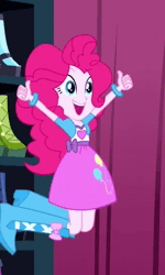 Size: 600x1000 | Tagged: safe, boulder media, derpibooru import, screencap, pinkie pie, eqg summertime shorts, equestria girls, make up shake up, animated, bouncing, cute, gif, grin, happy, open mouth, pronking, smiling, solo, thumbs up