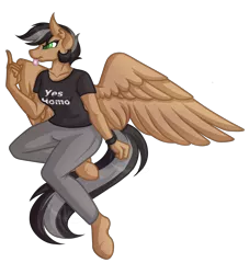 Size: 5000x5509 | Tagged: safe, artist:amazing-artsong, derpibooru import, oc, oc:artsong, unofficial characters only, anthro, pegasus, unguligrade anthro, absurd resolution, anthro oc, clothes, female, fuck you, mare, middle finger, pants, shirt, simple background, tongue out, transparent background, vulgar