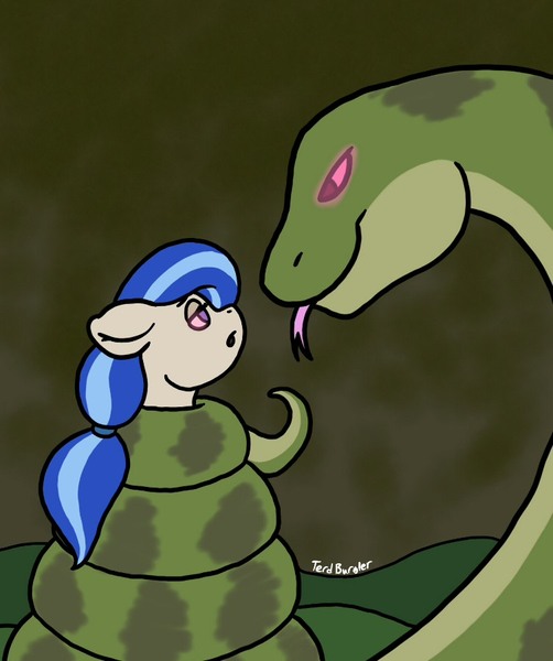 Size: 753x900 | Tagged: safe, artist:terdburgler, derpibooru import, oc, oc:sandy rivers, unofficial characters only, pony, snake, blue hair, coiling, coils, hypnosis, hypnotized, imminent vore, ponytail, size difference