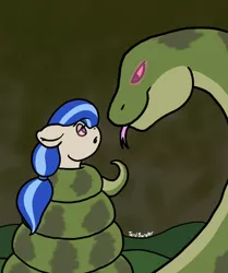 Size: 753x900 | Tagged: safe, artist:terdburgler, derpibooru import, oc, oc:sandy rivers, unofficial characters only, pony, snake, blue hair, coiling, coils, hypnosis, hypnotized, imminent vore, ponytail, size difference