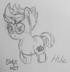 Size: 1830x1864 | Tagged: safe, artist:binkyt11, derpibooru import, oc, oc:hide, ponified, unofficial characters only, pony, derpibooru, chibi, derpibooru ponified, ear fluff, edgy, eyepatch, meta, monochrome, scar, solo, traditional art