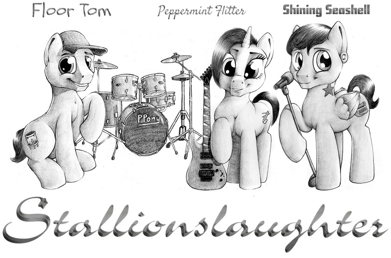 Size: 1300x858 | Tagged: safe, artist:stallionslaughter, derpibooru import, oc, unofficial characters only, earth pony, pegasus, pony, unicorn, band, drums, guitar, metal, microphone, music, trio