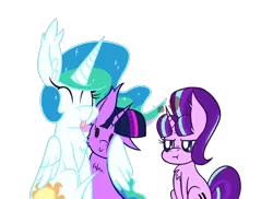 Size: 1100x800 | Tagged: safe, alternate version, artist:dragonpone, derpibooru import, princess celestia, starlight glimmer, twilight sparkle, twilight sparkle (alicorn), alicorn, pony, unicorn, :t, angry, bff, cheek fluff, chest fluff, ear fluff, equal cutie mark, eyes closed, hug, simple background, sitting, smiling, tongue out, transparent background, winghug