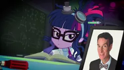 Size: 1920x1080 | Tagged: safe, derpibooru import, edit, edited screencap, screencap, sci-twi, twilight sparkle, eqg summertime shorts, equestria girls, mad twience, bill nye, exploitable meme, laboratory, meme, sci-twi's portrait