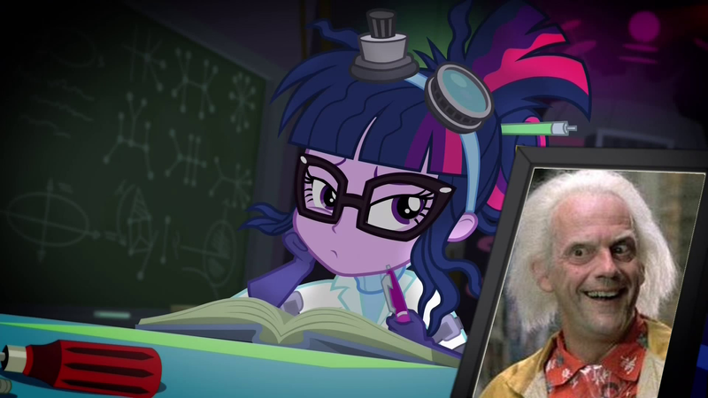 Size: 1920x1080 | Tagged: safe, derpibooru import, edit, edited screencap, screencap, sci-twi, twilight sparkle, human, eqg summertime shorts, equestria girls, mad twience, back to the future, book, doc brown, exploitable, exploitable meme, irl, irl human, laboratory, meme, photo, sci-twi's portrait