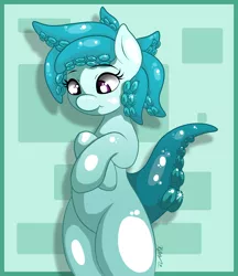 Size: 1158x1338 | Tagged: safe, artist:calamari, derpibooru import, oc, oc:calamari, unofficial characters only, octopus, pony, squid, tentacle pony, abstract background, calamari, cthulhu, femboy, male, monster mare, shiny, solo, tentacles, trap