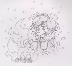 Size: 563x521 | Tagged: safe, artist:threetwotwo32232, derpibooru import, rainbow dash, pony, beanie, clothes, cold, earmuffs, fire, freezing, hat, jacket, monochrome, newbie artist training grounds, pencil drawing, shivering, snow, solo, traditional art