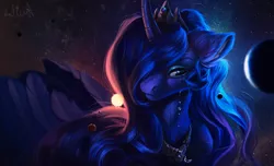 Size: 1600x970 | Tagged: safe, artist:lulemt, derpibooru import, princess luna, alicorn, pony, crying, curved horn, detailed hair, female, hair over one eye, mare, moon, solo, space, stars, sun, tangible heavenly object