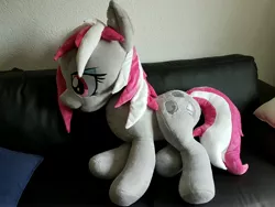 Size: 2880x2160 | Tagged: safe, artist:sakusay, derpibooru import, oc, oc:hired gun, unofficial characters only, earth pony, pony, fallout equestria, fallout equestria: heroes, female, grumpy, irl, life size, mare, photo, plushie, solo