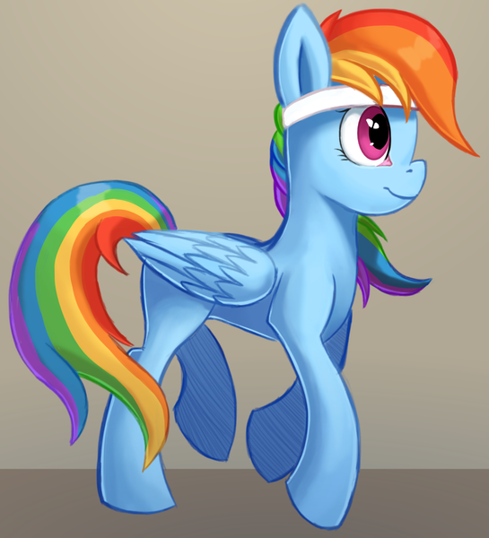 Size: 1634x1798 | Tagged: safe, artist:camyllea, derpibooru import, rainbow dash, pegasus, pony, atg 2017, female, headband, jogging, mare, newbie artist training grounds, simple background, solo